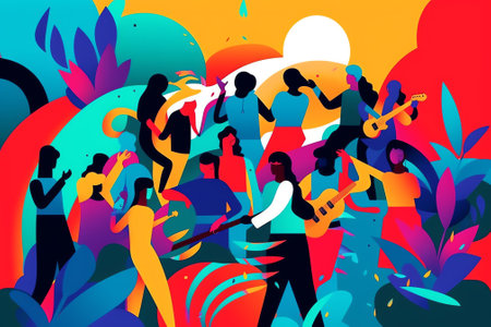 Generative AI Brazil Carnival Samba Dancer Character Party. Man Woman Dance at Brazilian Latin Holiday Exotic Festival. Vivid Beautiful Multicolor Parade Flat Cartoon Vector Illustrationの素材