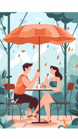 Generative AI Loving Couple or Pair Male Female Friend Sit at Table Drink Coffee have Discussion. Smiling Man and Woman Friendly Meeting at Cafe. Boyfriend and Girlfriend Date. Flat Cartoon Vector Illustrationの素材