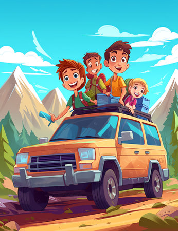 Generative AI Happy Characters on Vacation. Travel on Car Concept with Flat People Travelers. Man and Woman Traveling. Tourists with Map and Backpack. Vector illustrationの素材
