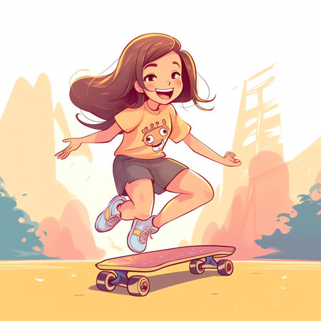 Generative AI Male and Female Skateboard Characters. Stylish Skating Teenagers Making Stunts and Tricks, Jumping on High Speed on Boards. Extreme Summertime Activity, Skateboarding. Cartoon Flat Vector Illustrationの素材
