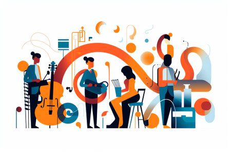 Generative AI Orchestral March Parade Landing Page Template. Orchestra Characters Wearing Festive Uniform Playing Trombone, Tambourine and Drum Instruments during or Public Event. Linear People Vector Illustrationの素材
