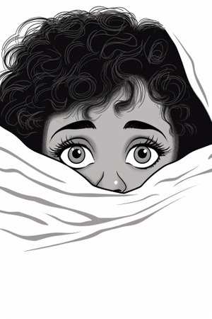 Generative AI Pop Art Scared Young Woman Hiding in Bed. Afraid Girl Peeps Up Under the Blanket. Vector illustrationの素材