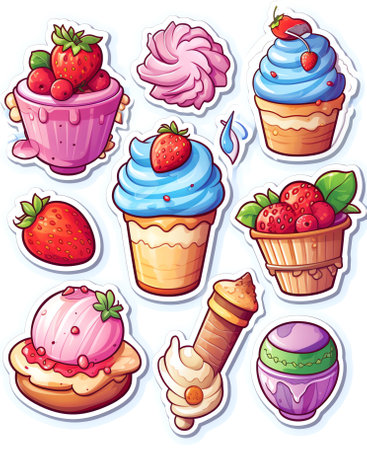 Generative AI Sweet Food Badges Set with Patches, Stickers, Candies, Cakes, Ice Cream in Pop Art Comic Style. Vector illustrationの素材