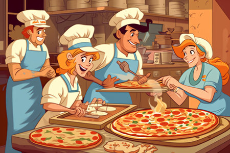 Generative AI Italian Food Set. Tiny People Eating and Cooking Pizza and Pasta. Male and Female Characters Holding Macaroni, Knife, Put Ketchup on Fast Food in Cafe. Bistro Visitors Cartoon Flat Vector Illustrationの素材