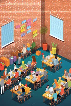 Generative AI Isometric Educational Process. Flat 3d University Lecture Room with Teacher and Students. Vector illustrationの素材