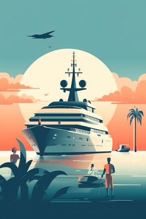 Generative AI Tourists Characters Waiting Boarding On Cruise Liner at Wooden Pier. People in Marine Voyage on Vacation Or Weekend. Passengers with Luggage Sit on Yacht or Ship Deck. Cartoon Vector Illustrationの素材