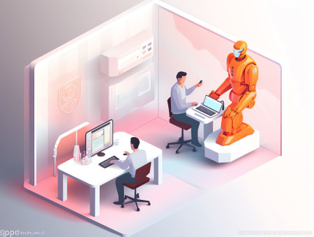 Generative AI Disable Person in Wheelchair Working at Office. Disability Isometric People. Vector illustrationの素材