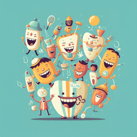 Generative AI Funny Teeth and Dentistry Elements Scrapbook Stickers, Badges, Patches. Vector Doodleの素材