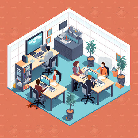 Generative AI Disable Person in Wheelchair Working at Office. Disability Isometric People. Vector illustrationの素材