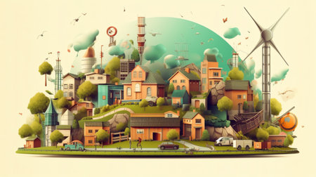 Generative AI Eco Factory Green Energy and Air Pollution Cityscape. Vector illustrationの素材