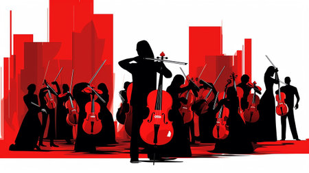 Generative AI Military Orchestra Characters Wearing Festive Red Uniform and Hats with Plumage Playing Trombone, Tambourine and Drum Instruments during March Parade or Public Event. Linear Vector People Illustrationの素材