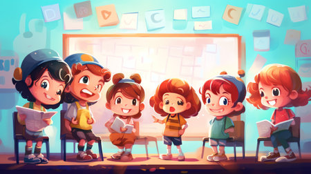 Generative AI Back to School Concept with Young Smiling Woman Teacher and Group of Kids Stand in Row in Classroom. Elementary School Class, Preschool Studying. Happy Smiley Children Cartoon Flat Vector Illustrationの素材