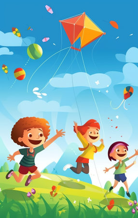 Generative AI People Play with Air Kite Outdoor Spring Park. Happy Character Run Hold String Fly Toy. Playful Spring Activity Vacation. Friend Group Leisure Wind Day Flat Cartoon Vector Illustrationの素材