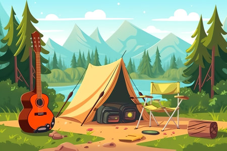 Generative AI Winter Camp Mountains Landscape with Tent, Fireplace and Skiing Equipment. Vector backgroundの素材