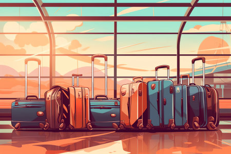 Generative AI Baggage Claim in Airport Belt. Tourists Male and Female Characters Taking Luggage in Carousel Area after Airplane Flight. Plane Arrival, Departure, Tourism Concept. Cartoon People Vector Illustrationの素材