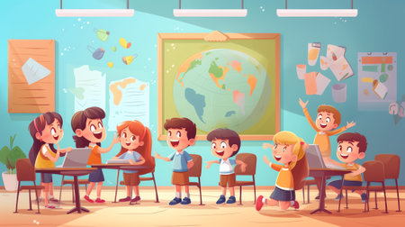 Generative AI Back to School Concept with Young Smiling Woman Teacher and Group of Kids Stand in Row in Classroom. Elementary School Class, Preschool Studying. Happy Smiley Children Cartoon Flat Vector Illustrationの素材