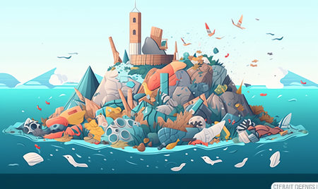 Generative AI Trash Factory Banner. Recycling Process of Converting Industrial Waste into New Material and Object. Save Nature, Help Low Greenhouse Gas Emission and Recover Scrap. Flat Cartoon Vector Illustrationの素材