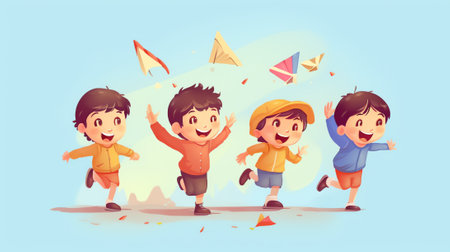 Generative AI People Play with Air Kite Outdoor Spring Park. Happy Character Run Hold String Fly Toy. Playful Spring Activity Vacation. Friend Group Leisure Wind Day Flat Cartoon Vector Illustrationの素材