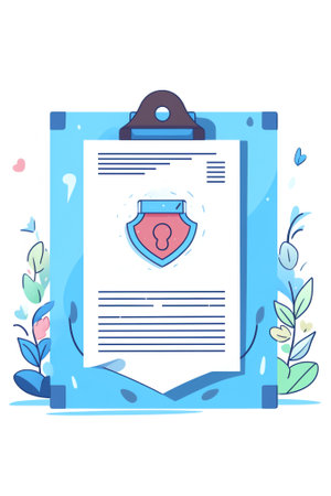 Generative AI People Fill Health Form Insurance Policy Document. Woman Holding Protective Shield. Caduceus Symbol. Signing Insurance for Health Medical Protection for Life Guarantee Cartoon Flat Vector Illustrationの素材