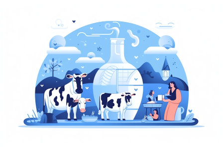 Generative AI Milk Farm Production Industry Line Collection. Dairy Food Machine Plant Set. Modern Woman Character Test Dairy Beverage Quality in Manufacture Tank Refrigerator Flat Cartoon Vector Illustrationの素材