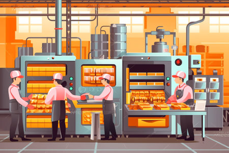 Generative AI Milk Farm Production Industry Line Collection. Dairy Food Machine Plant Set. Modern Woman Character Test Dairy Beverage Quality in Manufacture Tank Refrigerator Flat Cartoon Vector Illustrationの素材