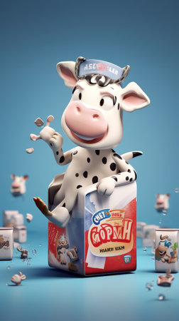 Generative AI Milkman with Bottle of Milk, Cow and Cheese. Dairy Product. Isometric vector flat 3d illustrationの素材