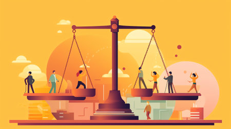 Generative AI Balance at Work Concept. Tiny Male Character Balancing on Huge Seesaw with Different Values Time, Money, Finance Freedom, Hobby or Self Development, Education. Cartoon People Vector Illustrationの素材