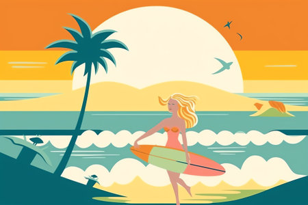 Generative AI Surfing Sport, Woman Riding Sea Wave at Surf Board Relaxing on Summertime Vacation, Summer Water Leisure Activity, Recreation. Website Landing Page, Web Page. Cartoon Flat Vector Illustration, Bannerの素材