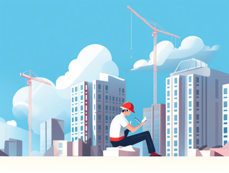 Generative AI Set of Building and Engineering Construction Works. Architect Engineer Working on Project Painting Plan on Blueprint and Presenting Model of House Mock Up for Customer. Cartoon Vector Illustrationの素材