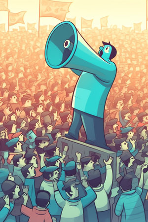 Generative AI Fake News, Information and Disinformation. Male Character Reading Newspaper near Huge Megaphone Speak. Mass Media Worldwide Human Consciousness Manipulation, Gossip Info. Cartoon Vector Illustrationの素材