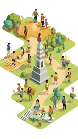 Generative AI Isometric City Park Composition with Children Playground and Walking People. Outdoor Activity. Vector flat 3d illustrationの素材