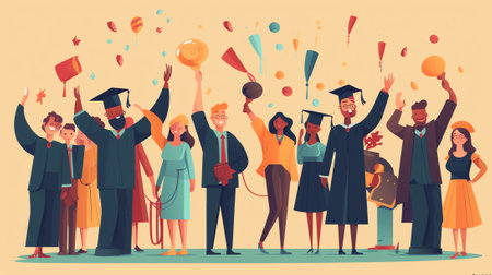 Generative AI Graduating Students in Gowns and Caps Jumping and Cheering Up Happy to Get Diploma Certificate and Finish University Education. Website Landing Page, Web Page. Cartoon Flat Vector Illustration, Bannerの素材