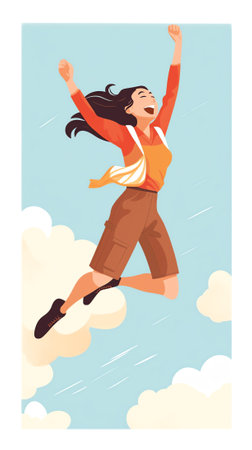 Generative AI Happy Women Jumping on White Background. Young Joyful Female Characters Jump or Dancing with Raised Hands. Happiness, Freedom, Motion and Motivational Concept. Cartoon People Vector Illustrationの素材