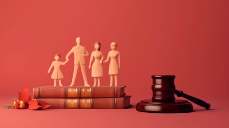 Generative AI Divorce, Child Custody or Alimony Concept. Tiny Father Character with Little Daughter and Attorney at Huge Gavel, Family Law, Judge Courthouse During Court Hearing. Cartoon People Vector Illustrationの素材