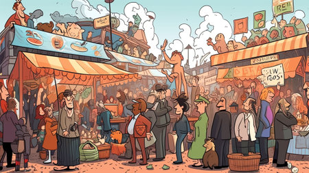 Generative AI Characters Visiting Antique Store for Shopping Unique Rare Things. Garage Sale, Retro Bazaar with Seller Presenting Old Stuff for Buyers to Purchase, Flea Market. Linear People Vector Illustrationの素材