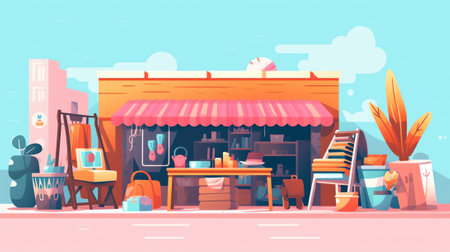 Generative AI Characters Visiting Antique Store for Shopping Unique Rare Things. Garage Sale, Retro Bazaar with Seller Presenting Old Stuff for Buyers to Purchase, Flea Market. Linear People Vector Illustrationの素材