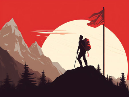 Generative AI Business Team Climbing Up Mountain with Leader Stand on Top with Hoisted Red Flag. Businesspeople Pull Teammates to Peak of Success. Teamwork and Leadership Concept. Cartoon Vector Illustrationの素材