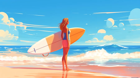Generative AI Surfing Sport, Woman Riding Sea Wave at Surf Board Relaxing on Summertime Vacation, Summer Water Leisure Activity, Recreation. Website Landing Page, Web Page. Cartoon Flat Vector Illustration, Bannerの素材