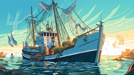 Generative AI Fisherman Working on Fishery Industry on Large Boat Ship. Fishermen Catching Fish, Pulling Fishing Net from Sea, Giving Catch Haul to Customer, Fishing Industry. Cartoon Flat Vector Illustrationの素材