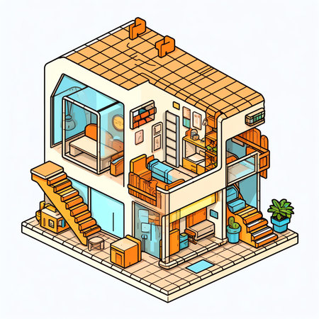 Generative AI Japanese Style Apartment Interior Design with Kitchen, Bedroom and Bathroom. Isometric vector flat 3d illustrationの素材
