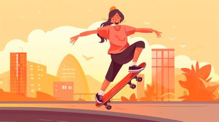 Generative AI Young People Outdoors Activity and Sport Set. Teenagers Male and Female Characters Riding Skate Board, Dancing, Jumping, Youth Urban Culture, Leisure, Spare Time, Cartoon Flat Vector Illustrationの素材