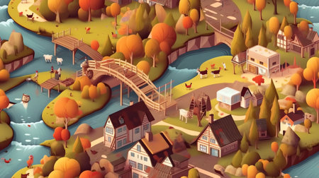 Generative AI Isometric City Park Composition with Water Pond and Ducks. Vector flat 3d illustrationの素材