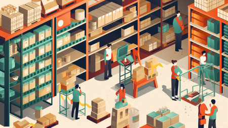 Generative AI Grocery Supermarket Interior With Full Product Shelves and Shopping Trolleys. Retail, Merchandising and Consumerism Concept. Shop Area with Dairy and Vegetable Production. Cartoon Vector Illustrationの素材