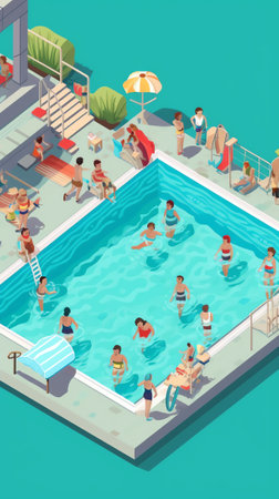Generative AI Isometric Summer People near the Outside Swimming Pool. Vector illustrationの素材