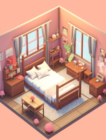 Generative AI Japanese Style Apartment Interior Design with Kitchen, Bedroom and Bathroom. Isometric vector flat 3d illustrationの素材