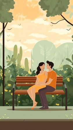 Generative AI Loving Couples Set. Young People in Love Spend Time Together, Man and Woman Walking under Umbrella in Rainy Weather, Hugging and Kissing on Bench and Riding Swing. Cartoon Flat Vector Illustrationの素材