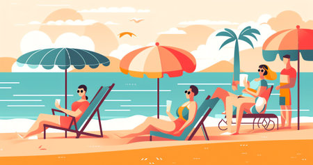 Generative AI Summer Season, Vacation Concept. Tiny People Carry Huge Tropical Hat Enjoying Summertime Holidays, Relaxing on Beach. Characters Playing on Seaside, Tan of Exotic Resort. Cartoon Vector Illustrationの素材