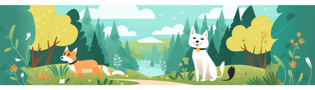 Generative AI Dog Play Jump with Woman Owner Outdoor Mobile App Page Onboard Screen Set. Happy Pet Walk Outside. Canine Puppy Training Concept for Website or Web Page. Flat Cartoon Vector Illustrationの素材