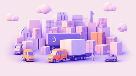 Generative AI Bringing Home Landing Page. Supply Large Household Good by Package Delivery Truck from Manufacturer to Residential House. Courier Service Website or Web Page. Flat Cartoon Vector Illustrationの素材