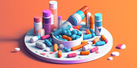 Generative AI Isometric Sports Nutrition Elements with Supplements, Protein Bottle, Pills, Vitamins, Whey. Vector flat 3d illustrationの素材